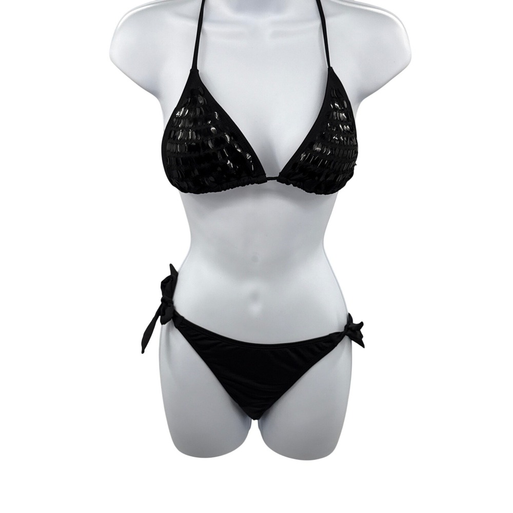 ENVYA Black Sequin Triangle String Bikini Set Side Tie‎ Bottoms Small S0670A